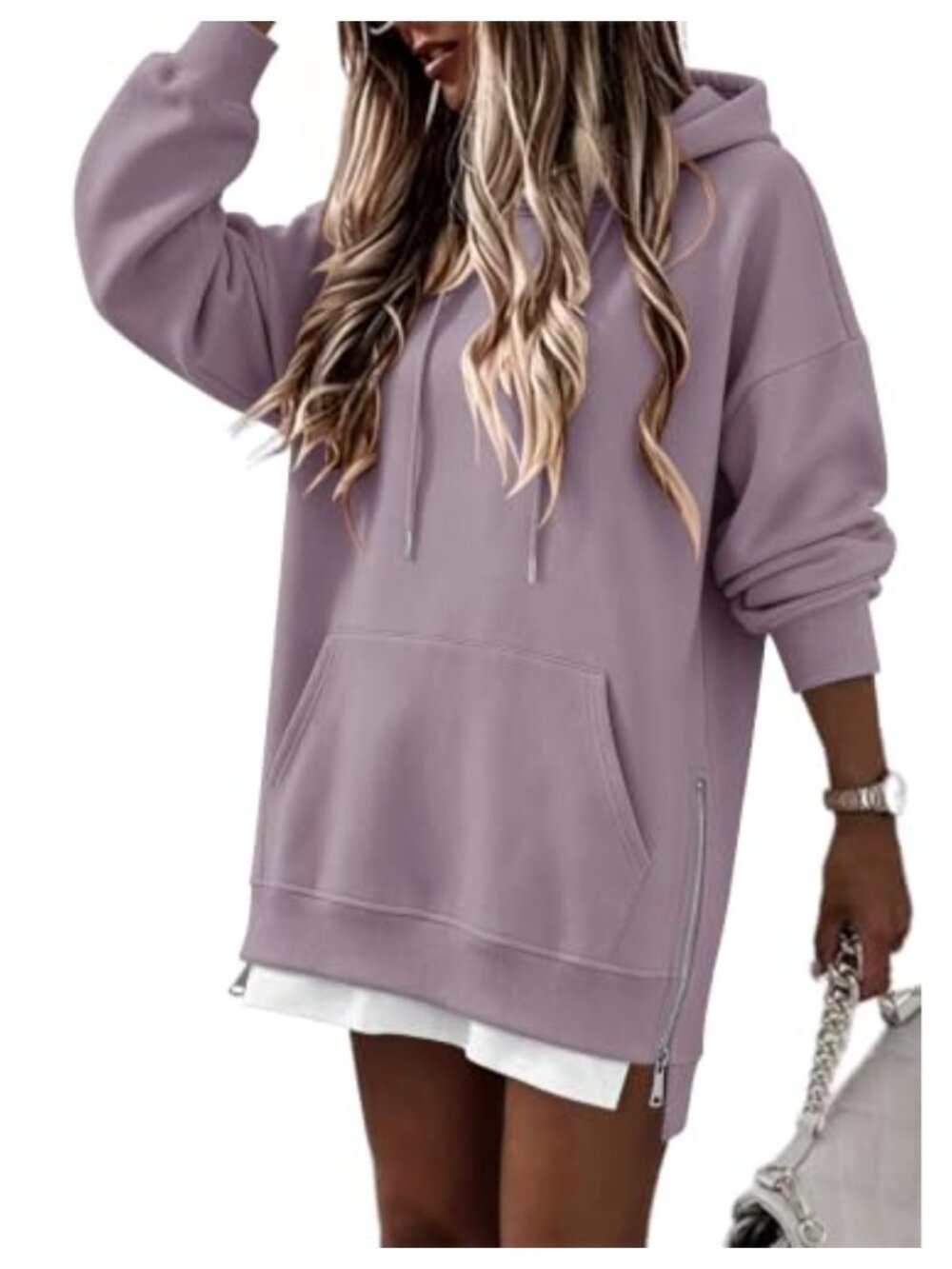 Oversized Pullover Hoodie with Kangaroo Pocket and Zipper Side Slit